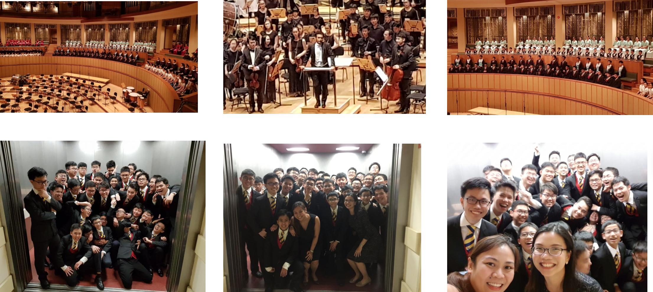 Six photos showing a youth orchestra and choir performing in a concert hall and posing in elevators in formal attire.